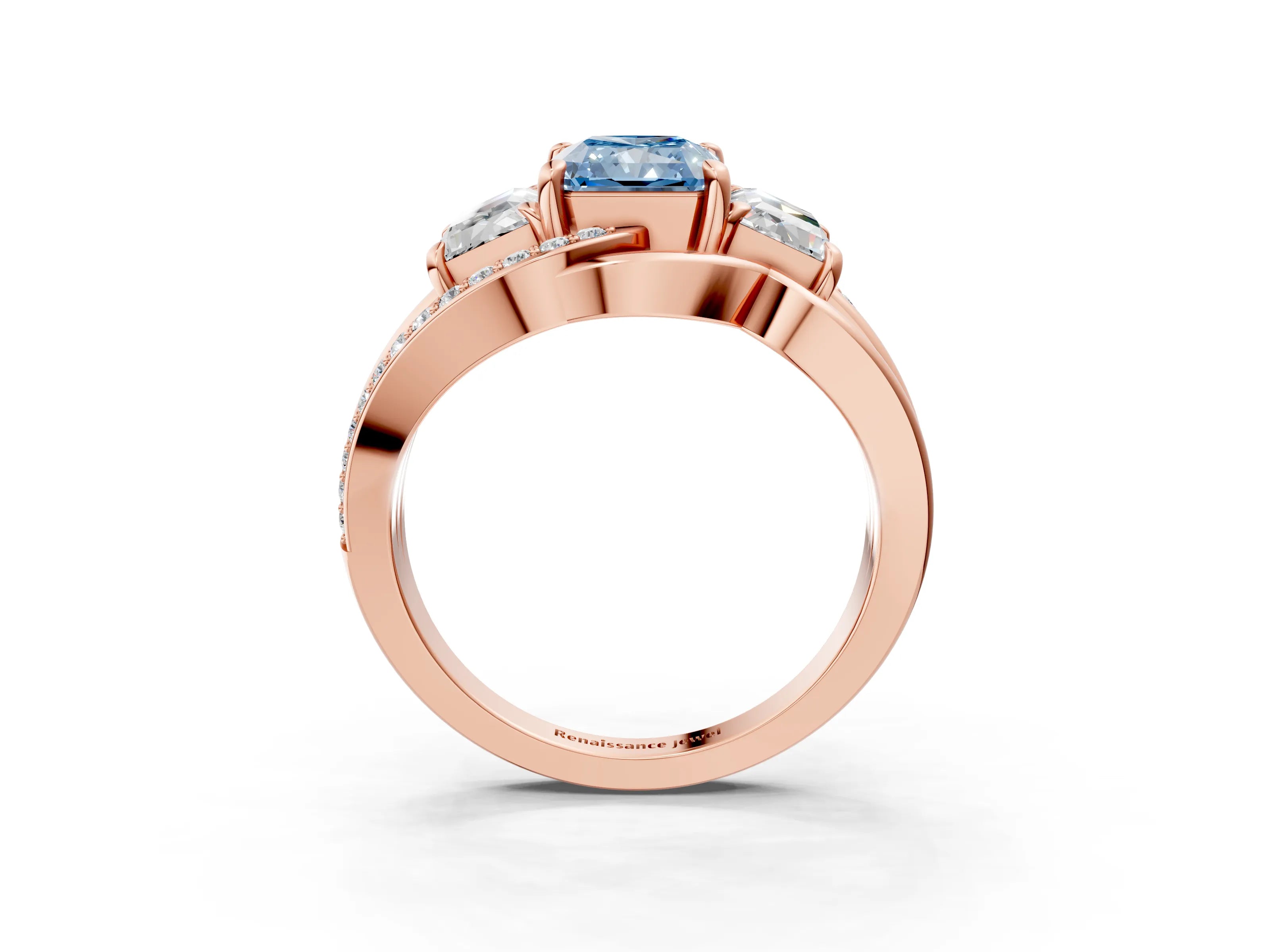 Rose gold Three-Stone Fancy Blue Radiant Cut Cut Diamond Split Shank Prong Set Ring_15
