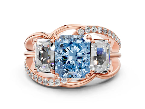 Rose gold Three-Stone Fancy Blue Radiant Cut Cut Diamond Split Shank Prong Set Ring