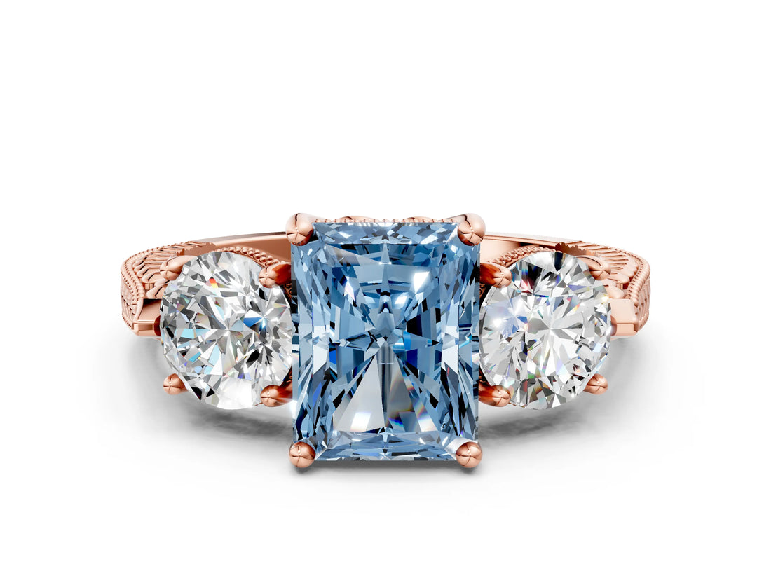 Rose gold Three-Stone Fancy Blue Radiant Cut Cut Milgrain Band Prong Setting Ring