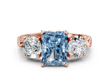 Rose gold Three-Stone Fancy Blue Radiant Cut Cut Milgrain Band Prong Setting Ring