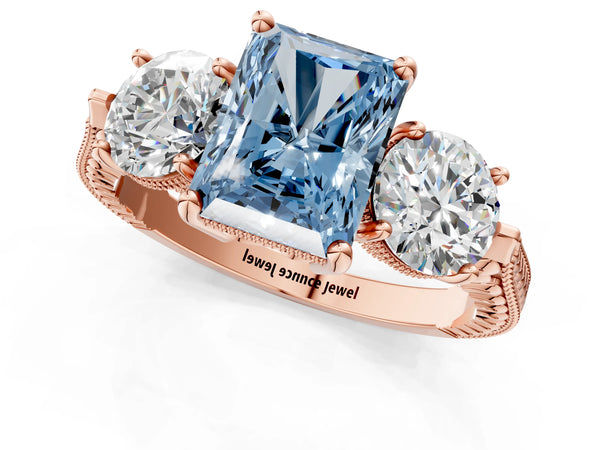 Rose Gold Radiant Cut Vintage Three Stone Engagement Ring Setting for Fancy Blue Center