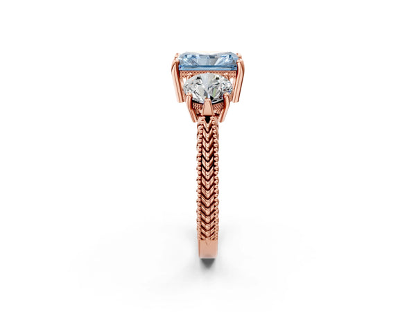 Rose Gold Radiant Cut Vintage Three Stone Engagement Ring Setting for Fancy Blue Center