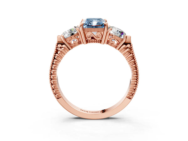 Rose Gold Radiant Cut Vintage Three Stone Engagement Ring Setting for Fancy Blue Center
