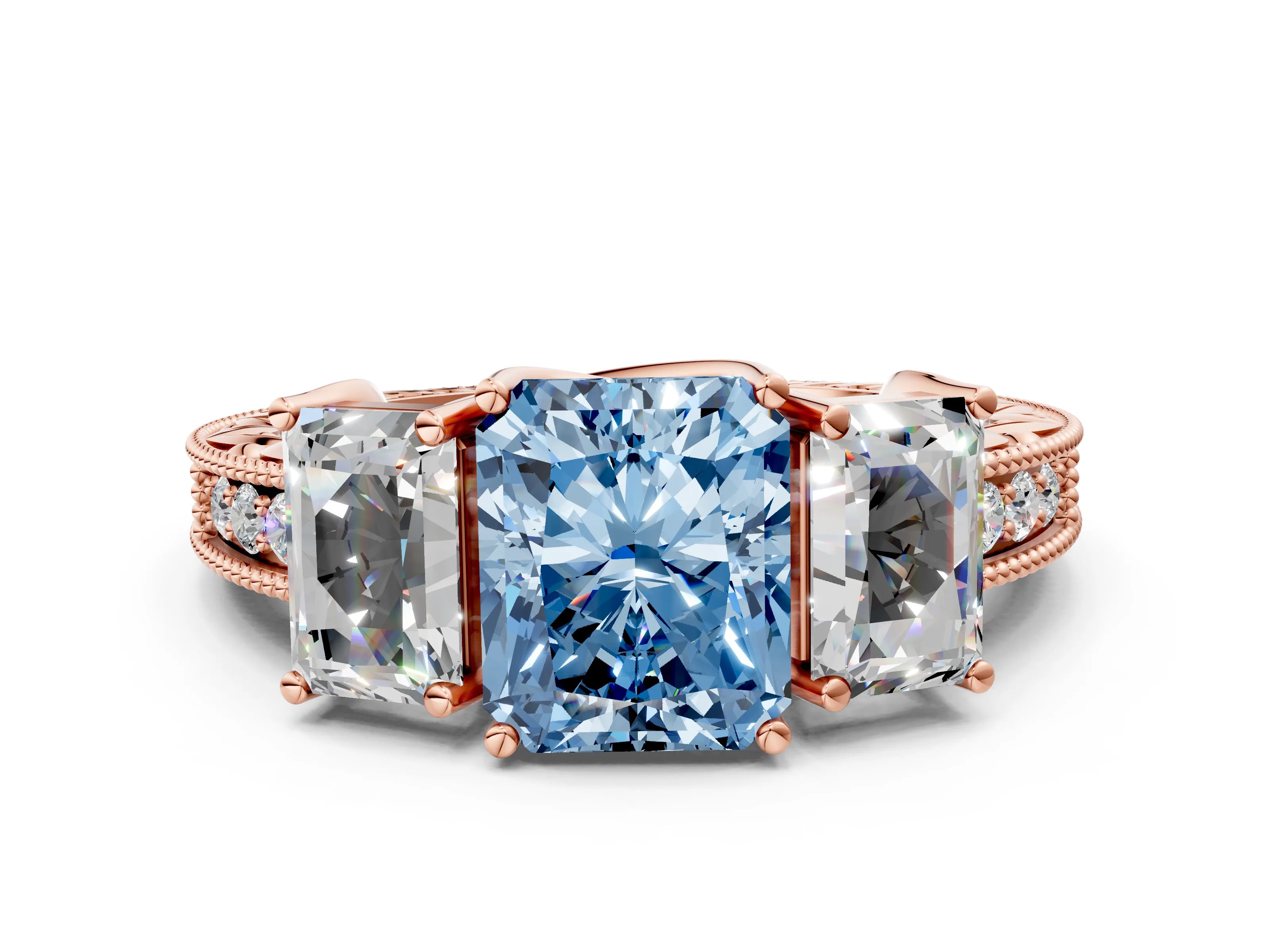 Rose gold Three-Stone Fancy Blue Radiant Cut Cut Milgrain Pavé Engagement Ring
