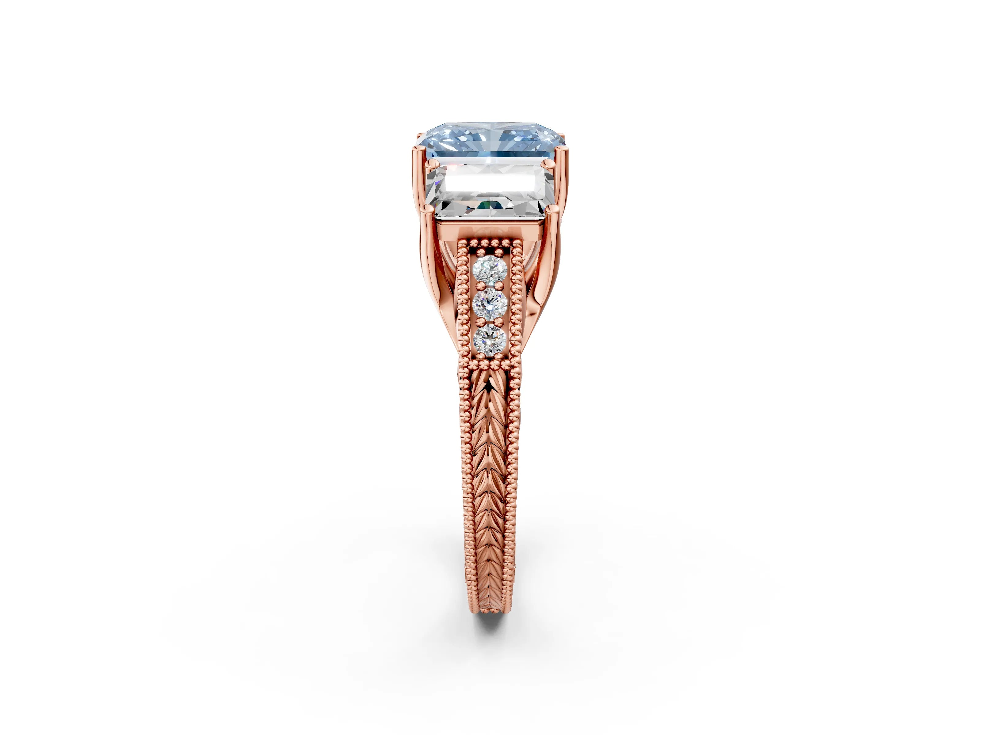 Rose gold Three-Stone Fancy Blue Radiant Cut Cut Milgrain Pavé Engagement Ring_14