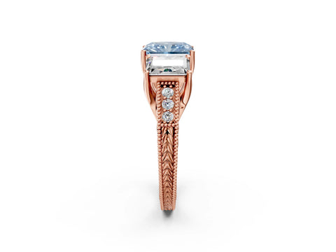 Rose gold Three-Stone Fancy Blue Radiant Cut Cut Milgrain Pavé Engagement Ring_14
