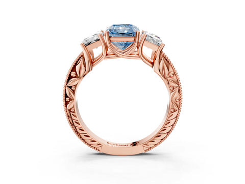 Rose gold Three-Stone Fancy Blue Radiant Cut Cut Milgrain Pavé Engagement Ring_15