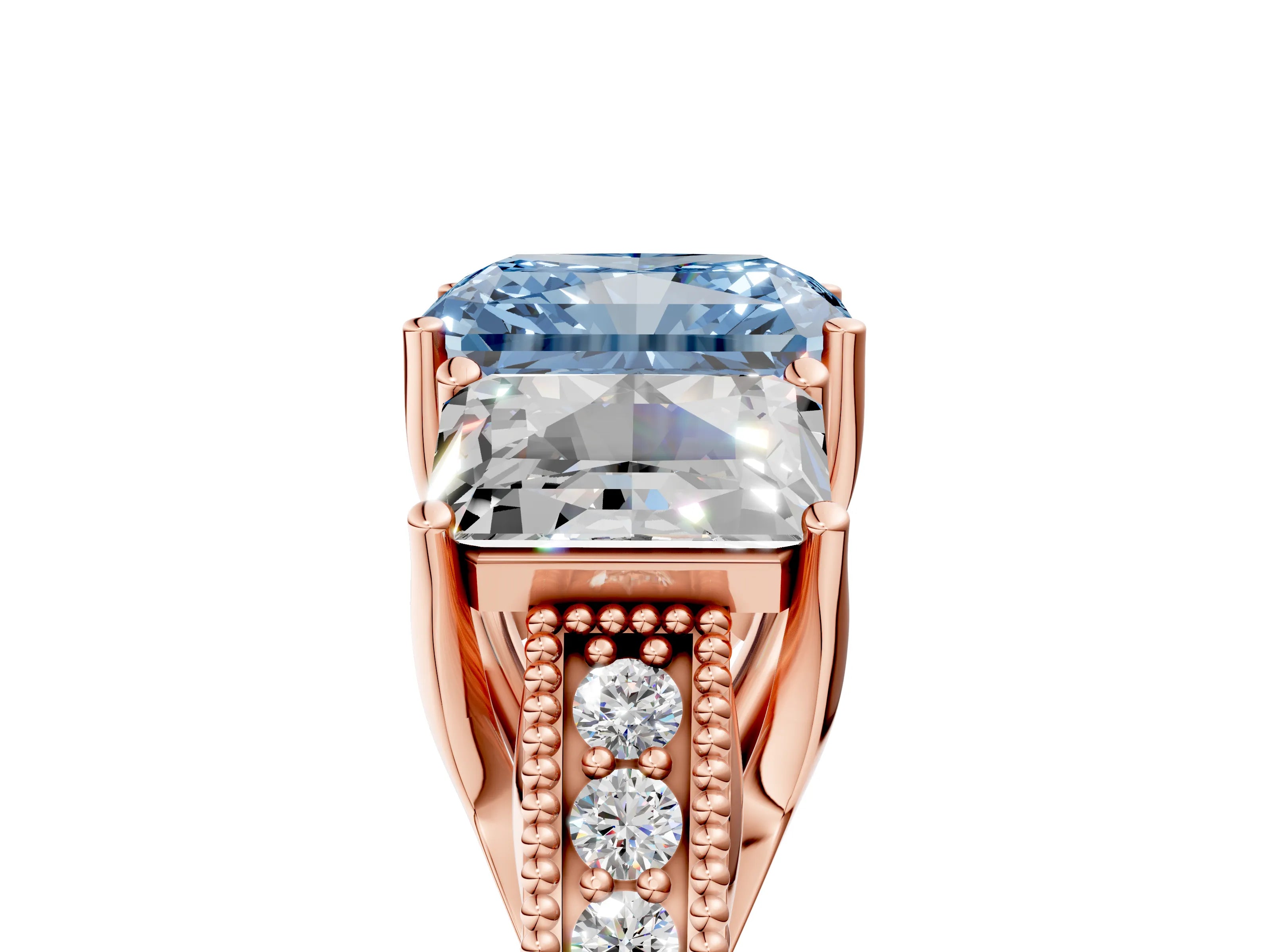 Rose gold Three-Stone Fancy Blue Radiant Cut Cut Milgrain Pavé Engagement Ring_17