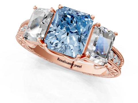 Rose gold Three-Stone Fancy Blue Radiant Cut Cut Milgrain Pavé Engagement Ring_1