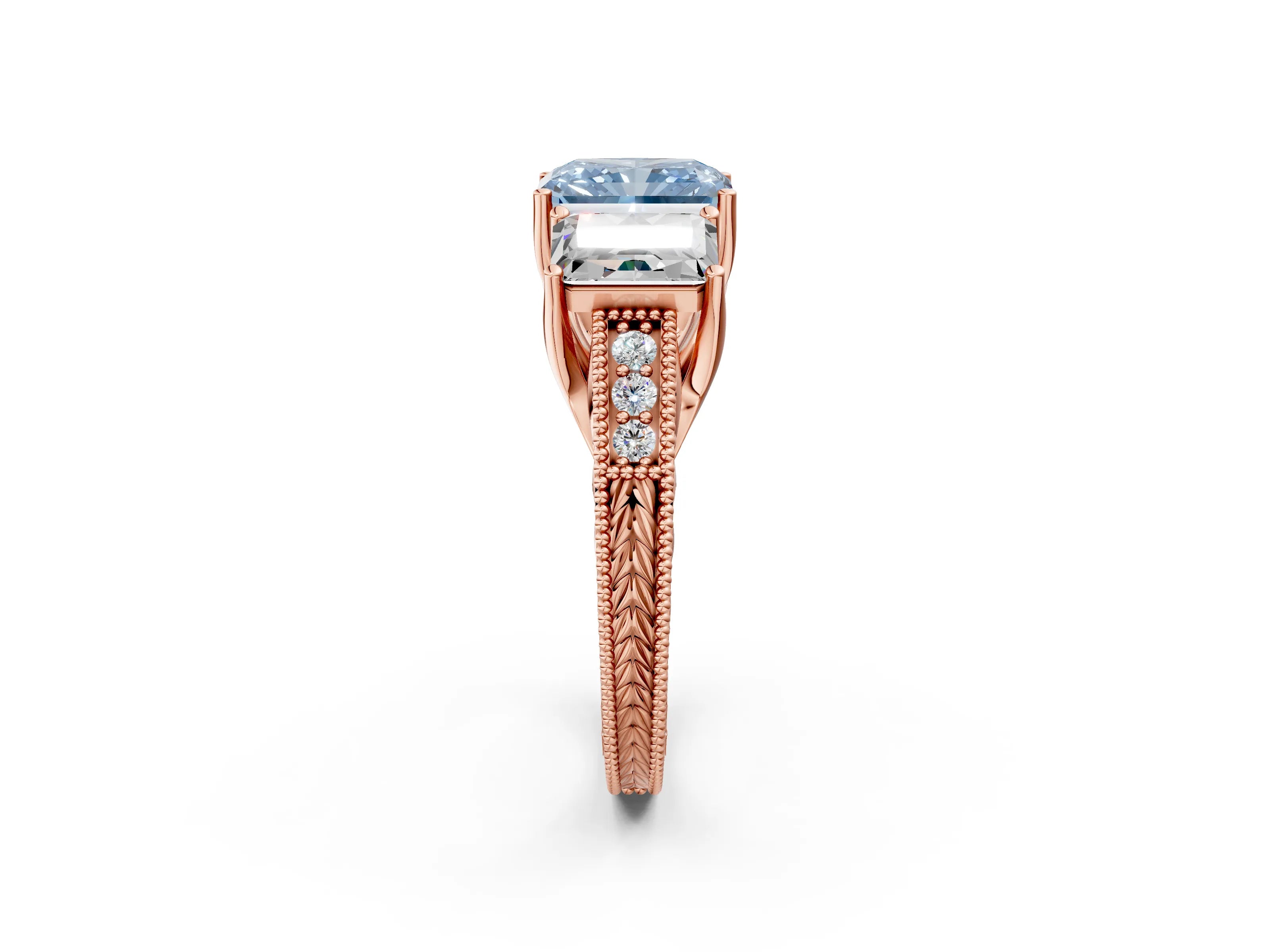 Rose gold Three-Stone Fancy Blue Radiant Cut Cut Milgrain Pavé Engagement Ring_2