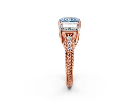 Rose gold Three-Stone Fancy Blue Radiant Cut Cut Milgrain Pavé Engagement Ring_2