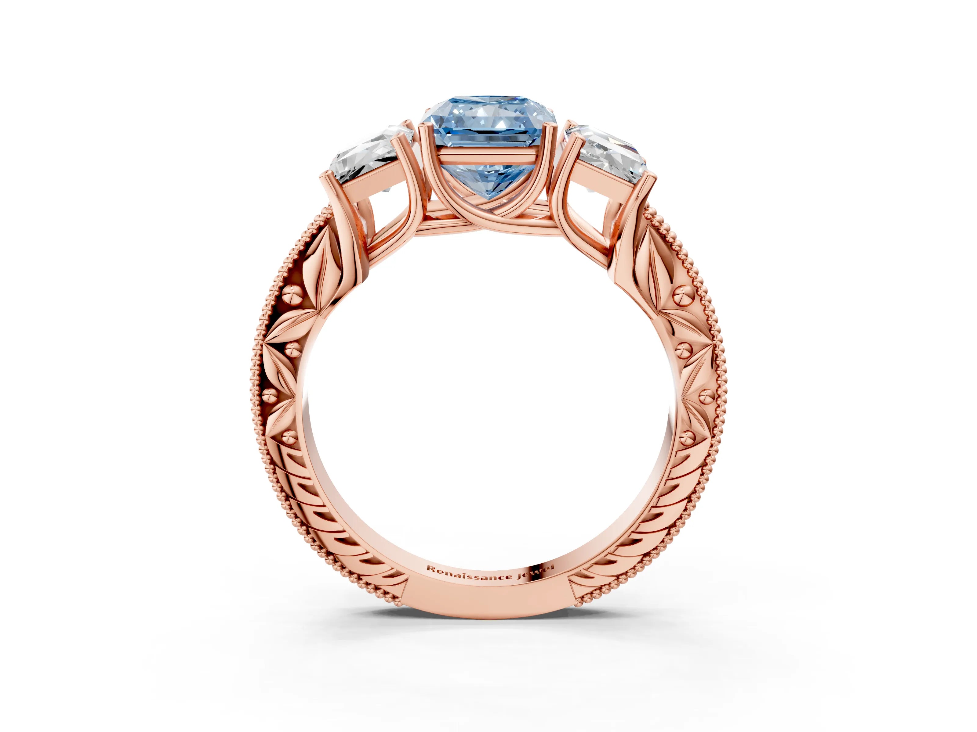 Rose gold Three-Stone Fancy Blue Radiant Cut Cut Milgrain Pavé Engagement Ring_3