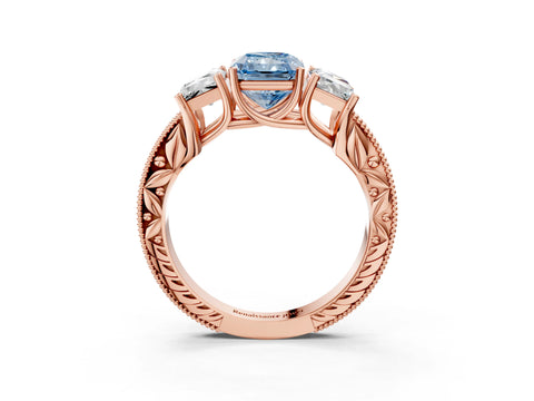Rose gold Three-Stone Fancy Blue Radiant Cut Cut Milgrain Pavé Engagement Ring_3
