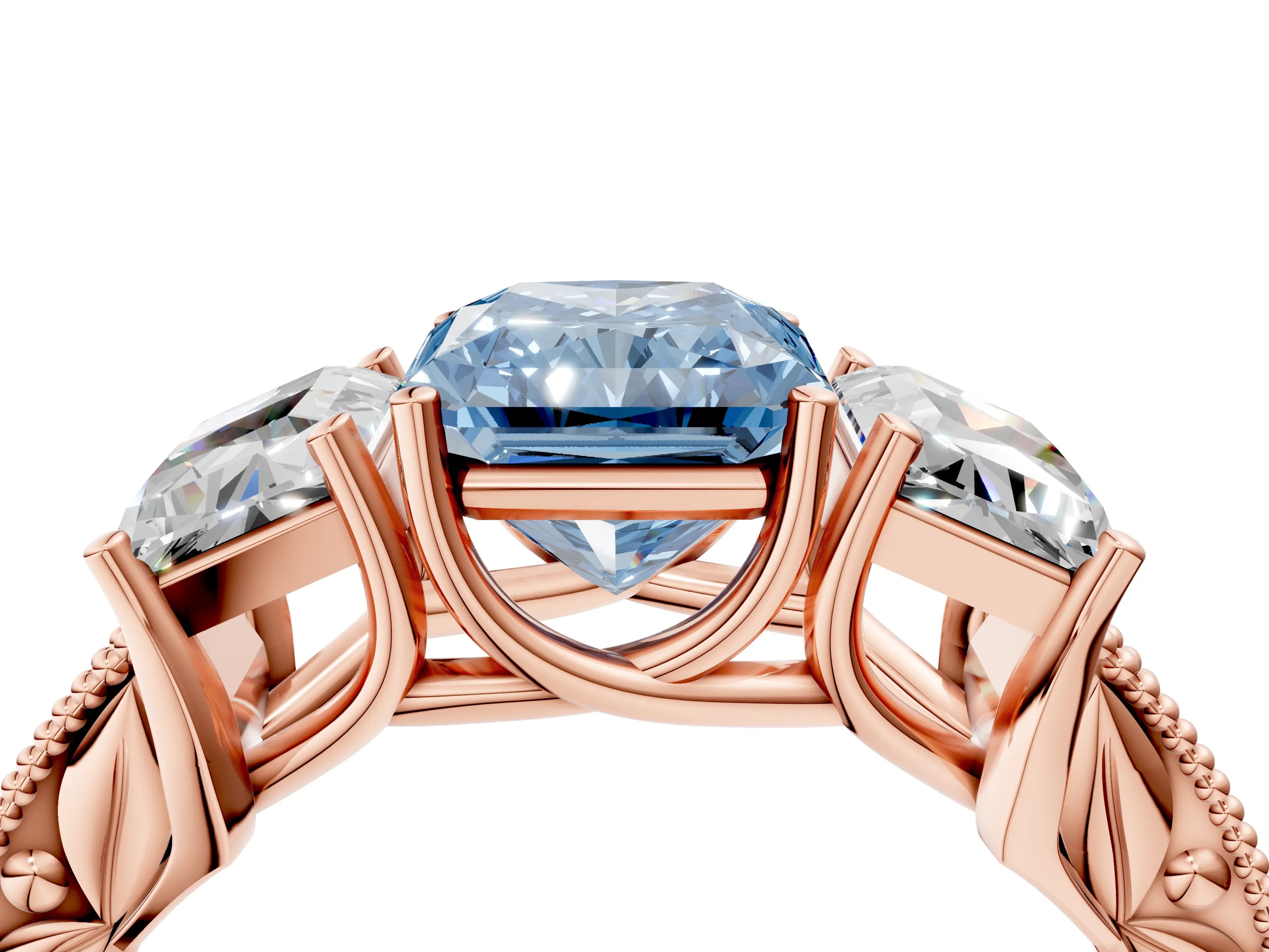 Rose gold Three-Stone Fancy Blue Radiant Cut Cut Milgrain Pavé Engagement Ring_4