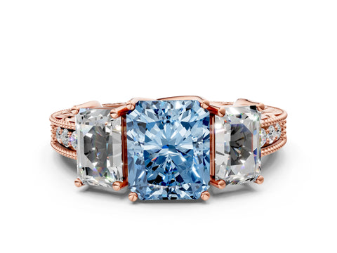 Rose gold Three-Stone Fancy Blue Radiant Cut Cut Milgrain Pavé Engagement Ring