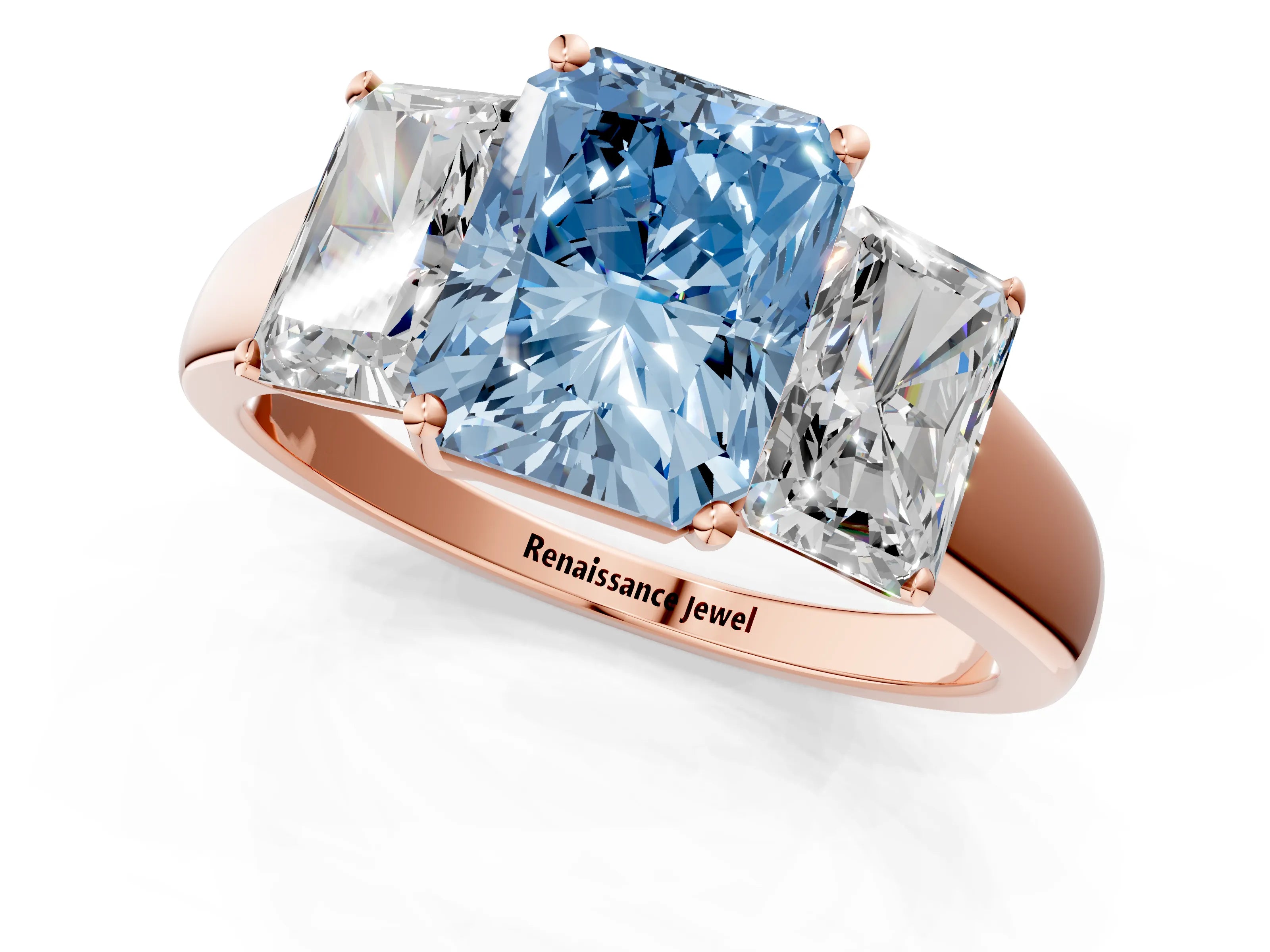 Rose gold Three-Stone Fancy Blue Radiant Cut Cut Solitaire Ring with Classic Prong Setting_1
