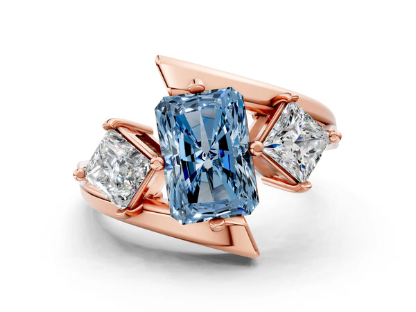 Rose gold Three-Stone Fancy Blue Radiant Cut Cut Tension Band Ring with Four-Prong Setting