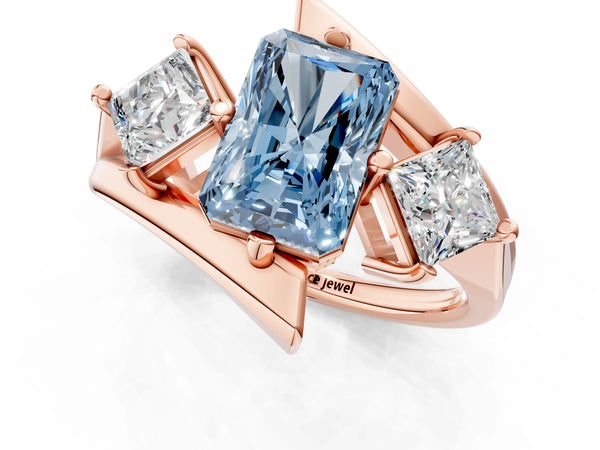 Rose gold Three-Stone Fancy Blue Radiant Cut Cut Tension Band Ring with Four-Prong Setting