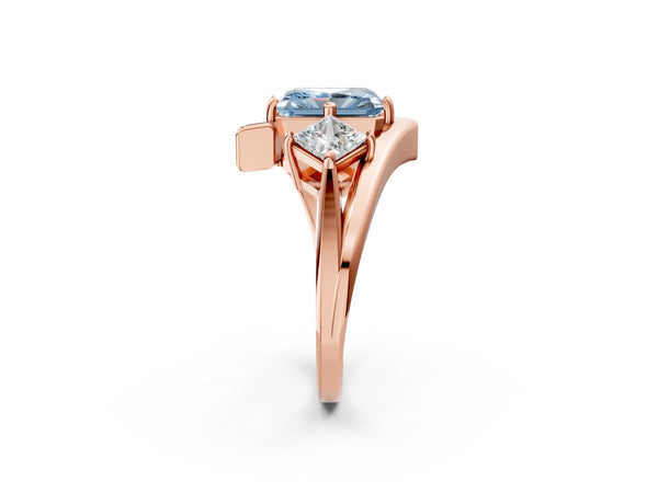 Rose gold Three-Stone Fancy Blue Radiant Cut Cut Tension Band Ring with Four-Prong Setting