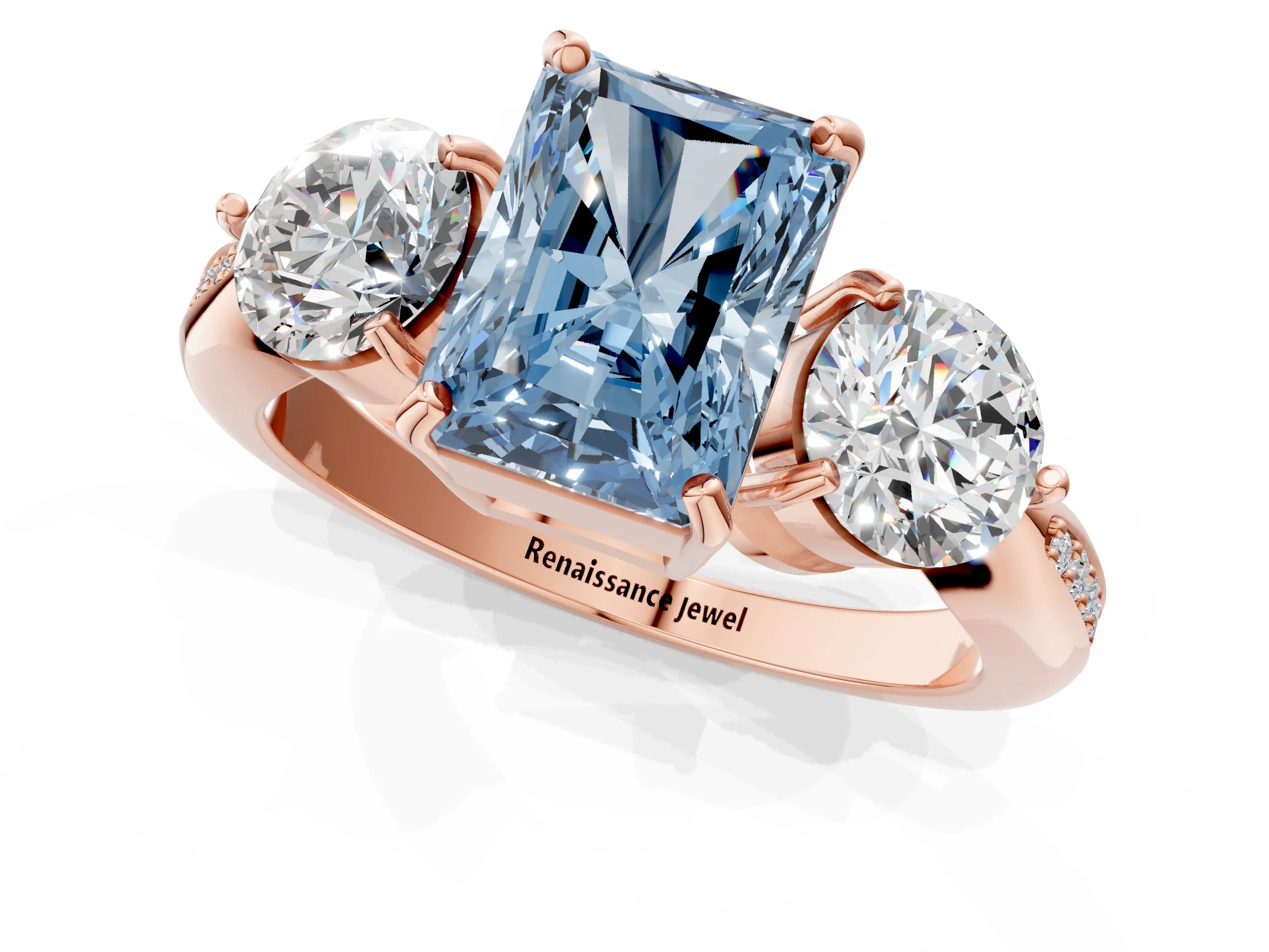 Rose gold Three-Stone Fancy Blue Radiant Cut Diamond Channel Set Engagement Ring with Prong Setting_1