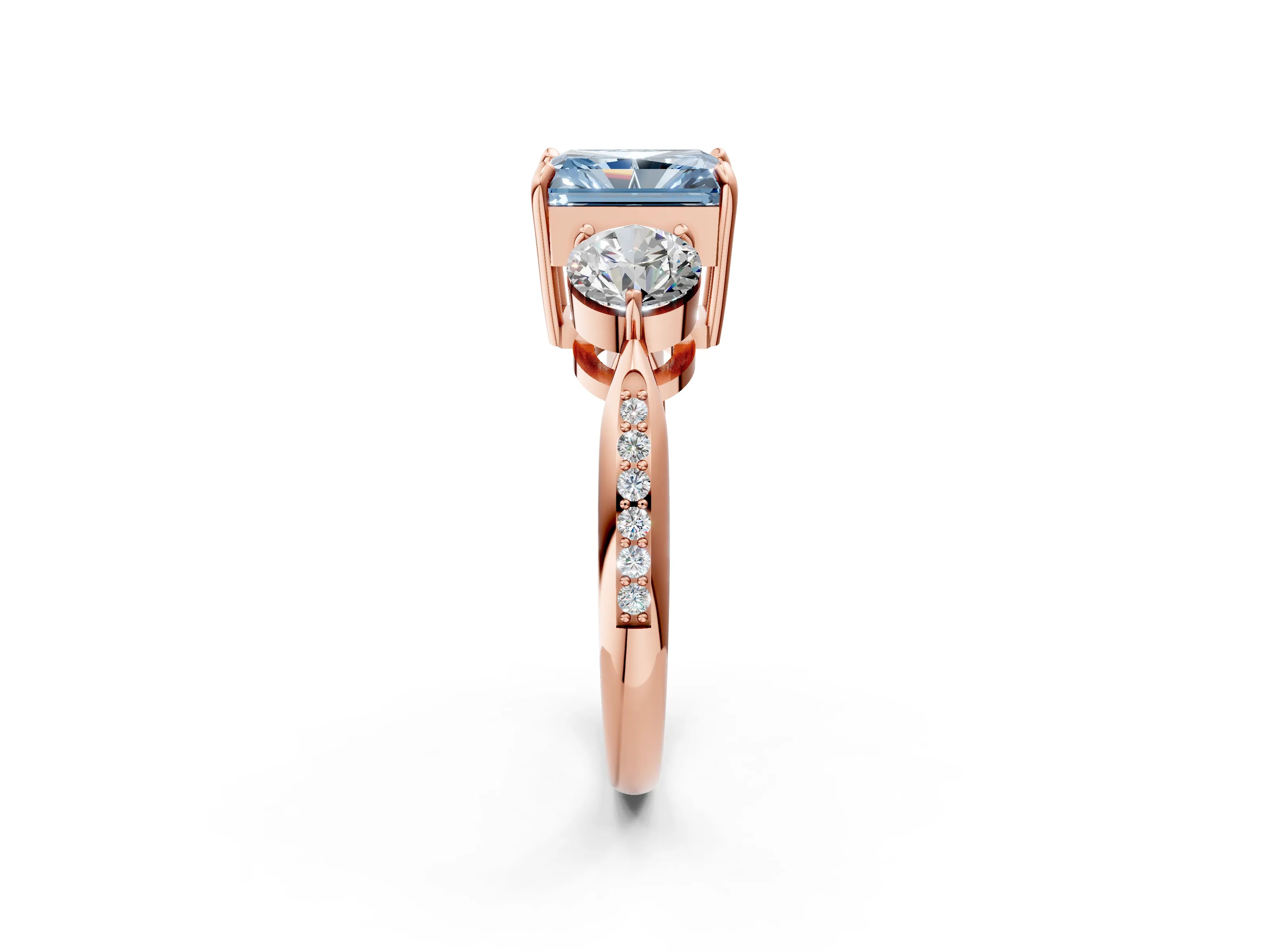 Rose gold Three-Stone Fancy Blue Radiant Cut Diamond Channel Set Engagement Ring with Prong Setting_2