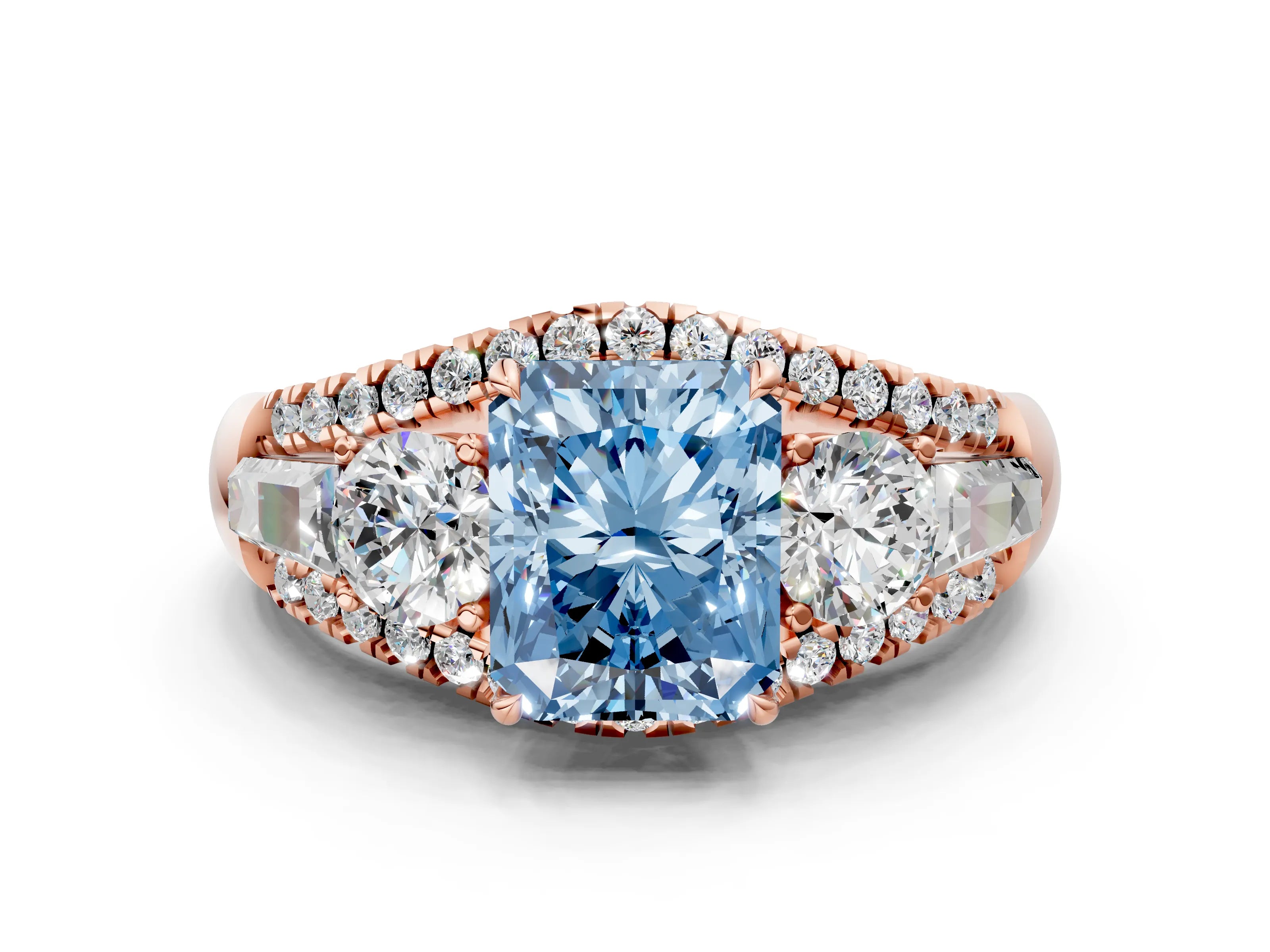 Rose gold Three-Stone Fancy Blue Radiant Cut Diamond Engagement Ring with Pave Band and Prong Setting
