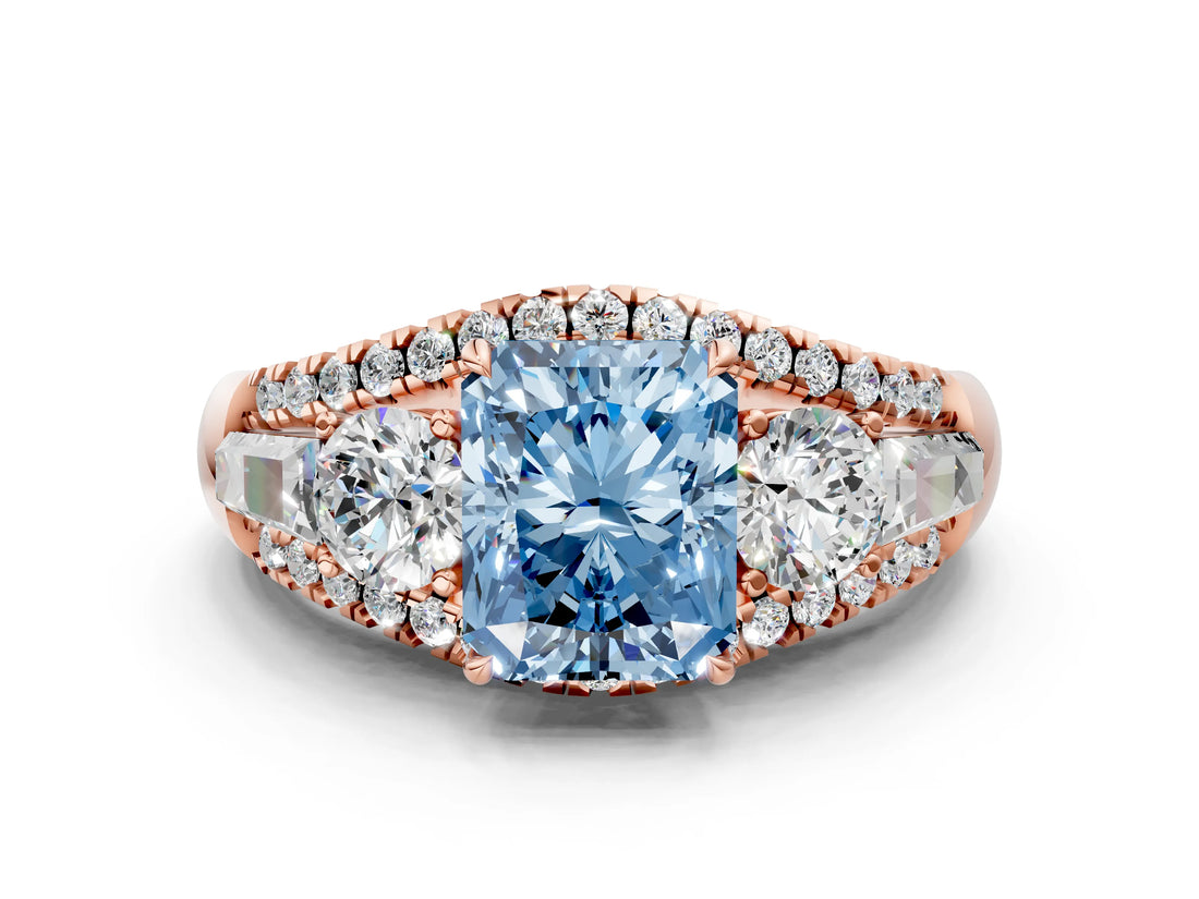 Rose gold Three-Stone Fancy Blue Radiant Cut Diamond Engagement Ring with Pave Band and Prong Setting