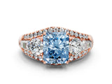Rose gold Three-Stone Fancy Blue Radiant Cut Diamond Engagement Ring with Pave Band and Prong Setting