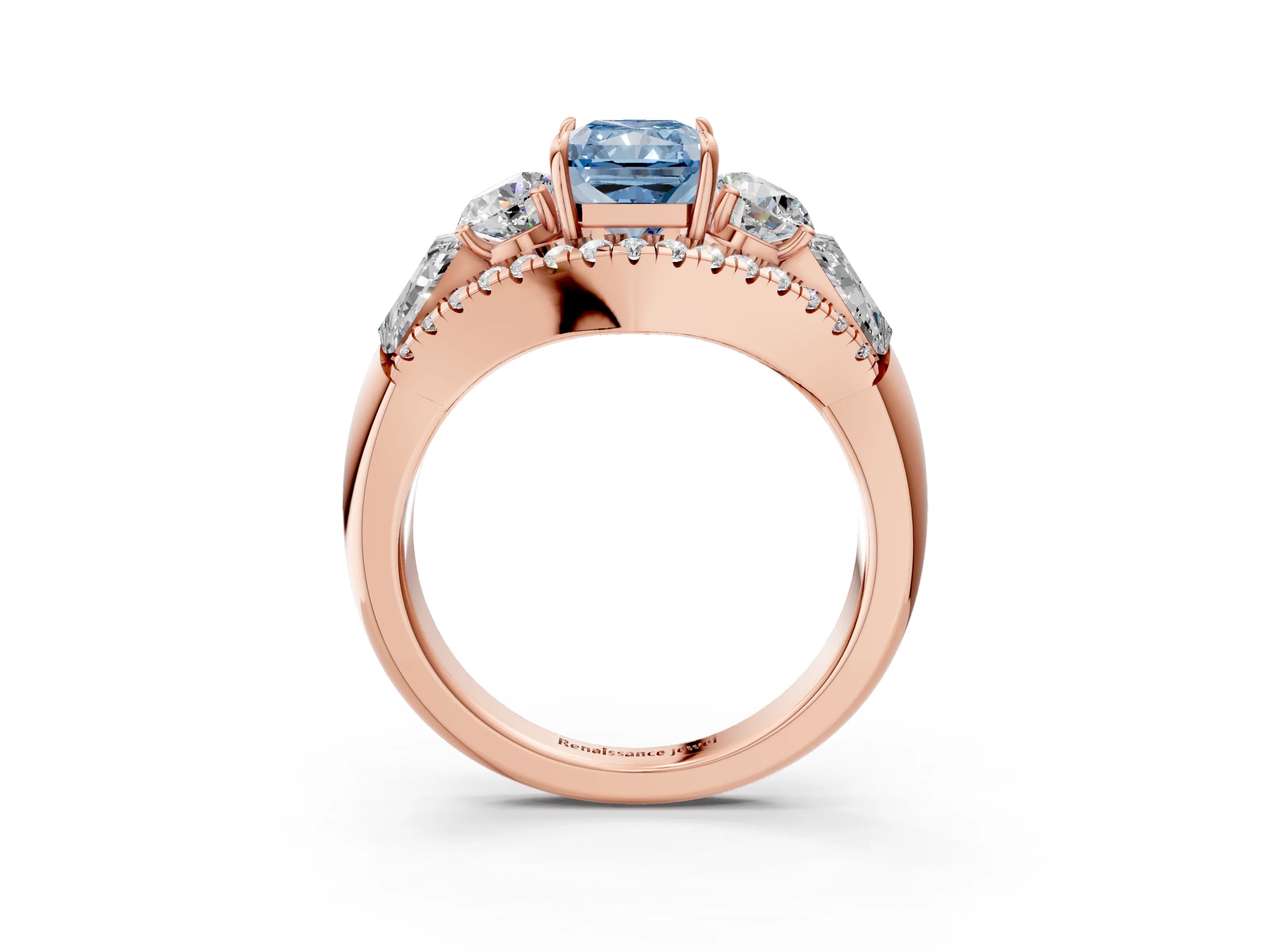 Rose gold Three-Stone Fancy Blue Radiant Cut Diamond Engagement Ring with Pave Band and Prong Setting_3