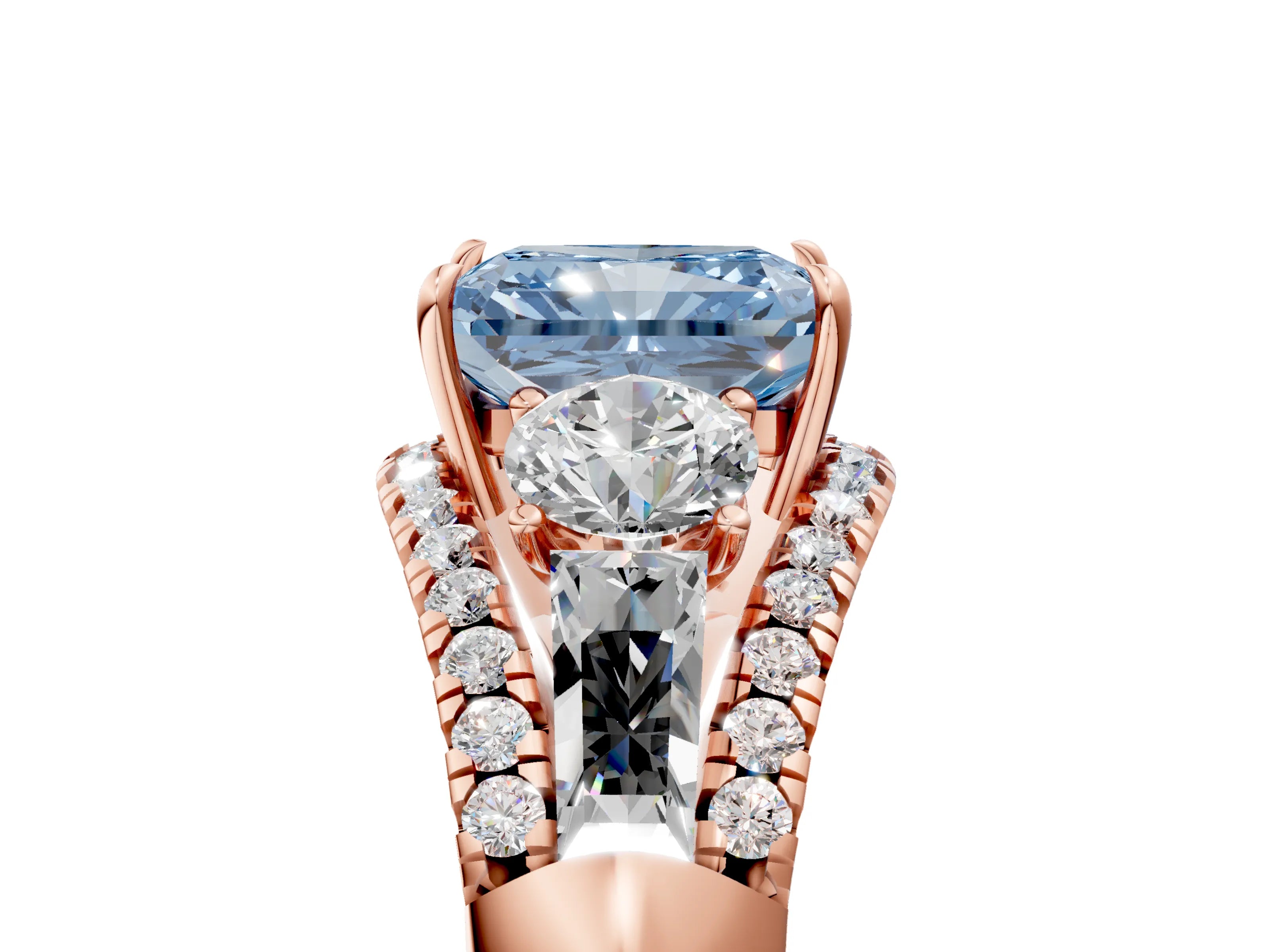 Rose gold Three-Stone Fancy Blue Radiant Cut Diamond Engagement Ring with Pave Band and Prong Setting_5