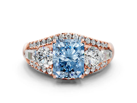Rose gold Three-Stone Fancy Blue Radiant Cut Diamond Engagement Ring with Pave Band and Prong Setting