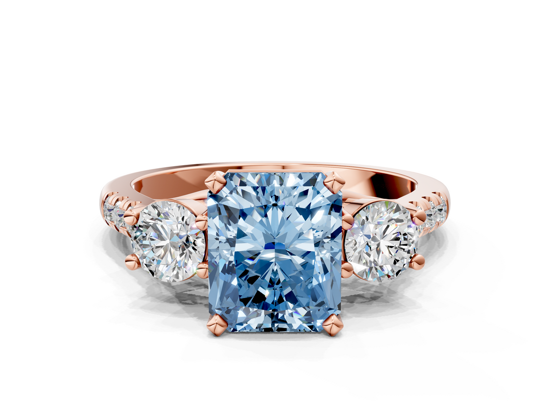 Rose gold Three-Stone Fancy Blue Radiant  Cut Diamond Pavé Band with Four-Prong Setting_28