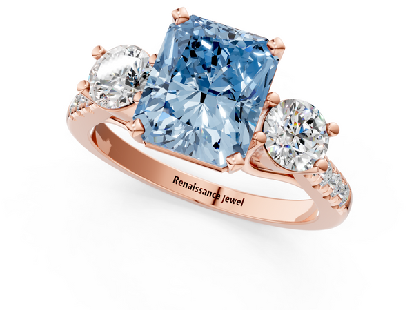 Rose gold Three-Stone Fancy Blue Radiant Cut Diamond Pavé Band with Four-Prong Setting