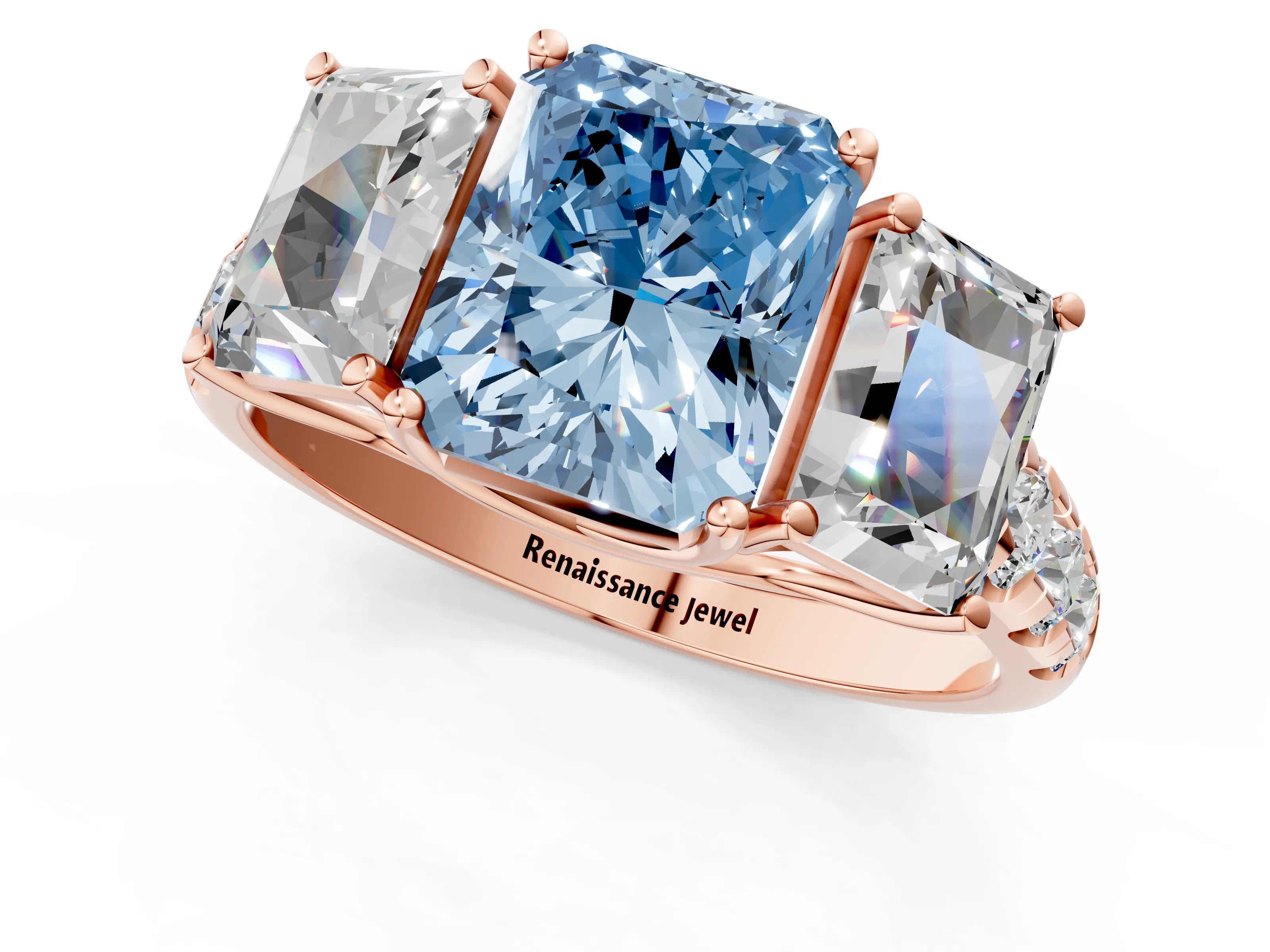 Rose gold Three-Stone Fancy Blue Radiant Cut Diamond Pavé Band with Prong Setting_1