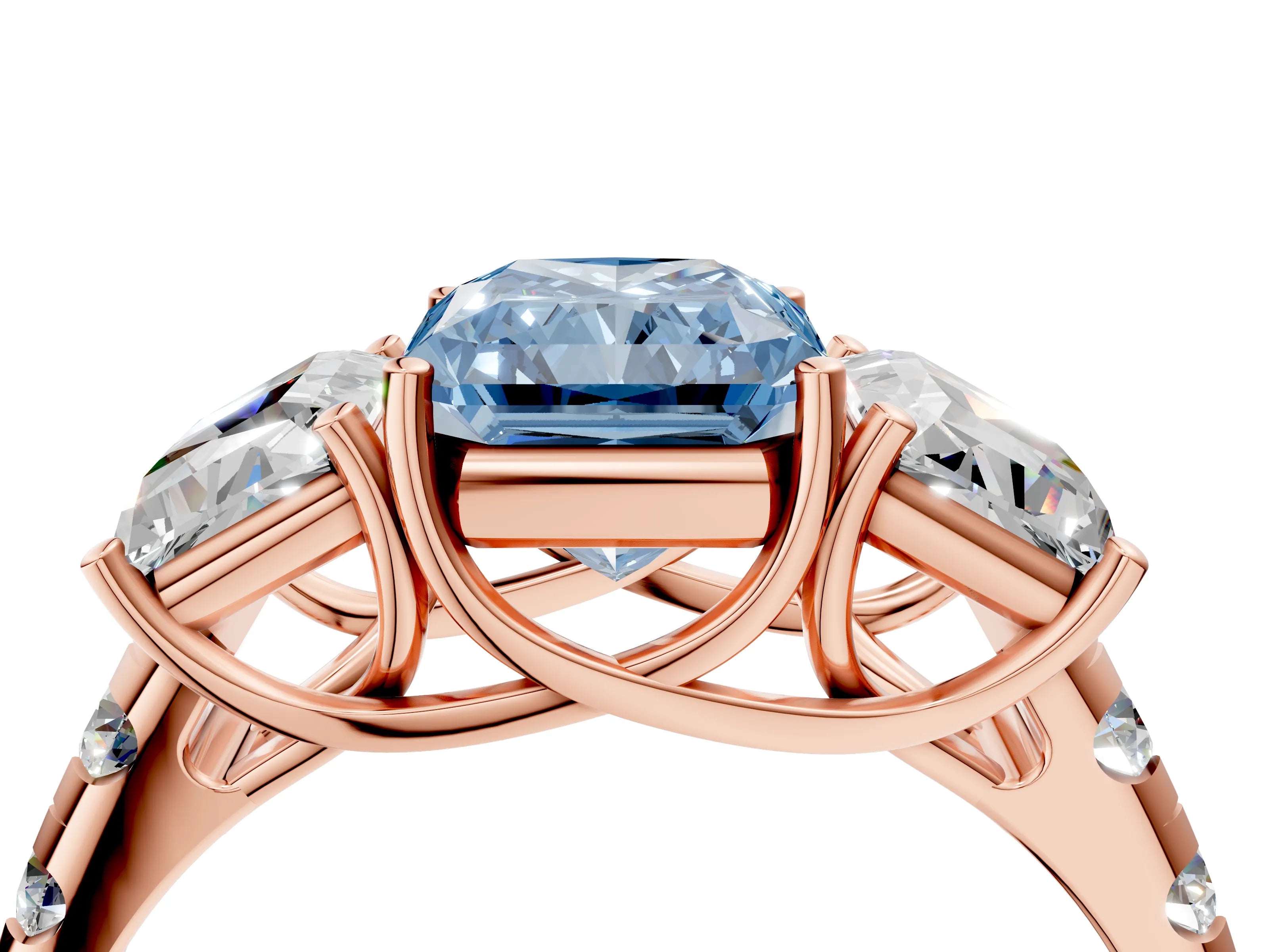 Rose gold Three-Stone Fancy Blue Radiant Cut Diamond Pavé Band with Prong Setting_4