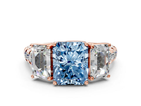 Rose gold Three-Stone Fancy Blue Radiant Cut Diamond Pavé Band with Prong Setting
