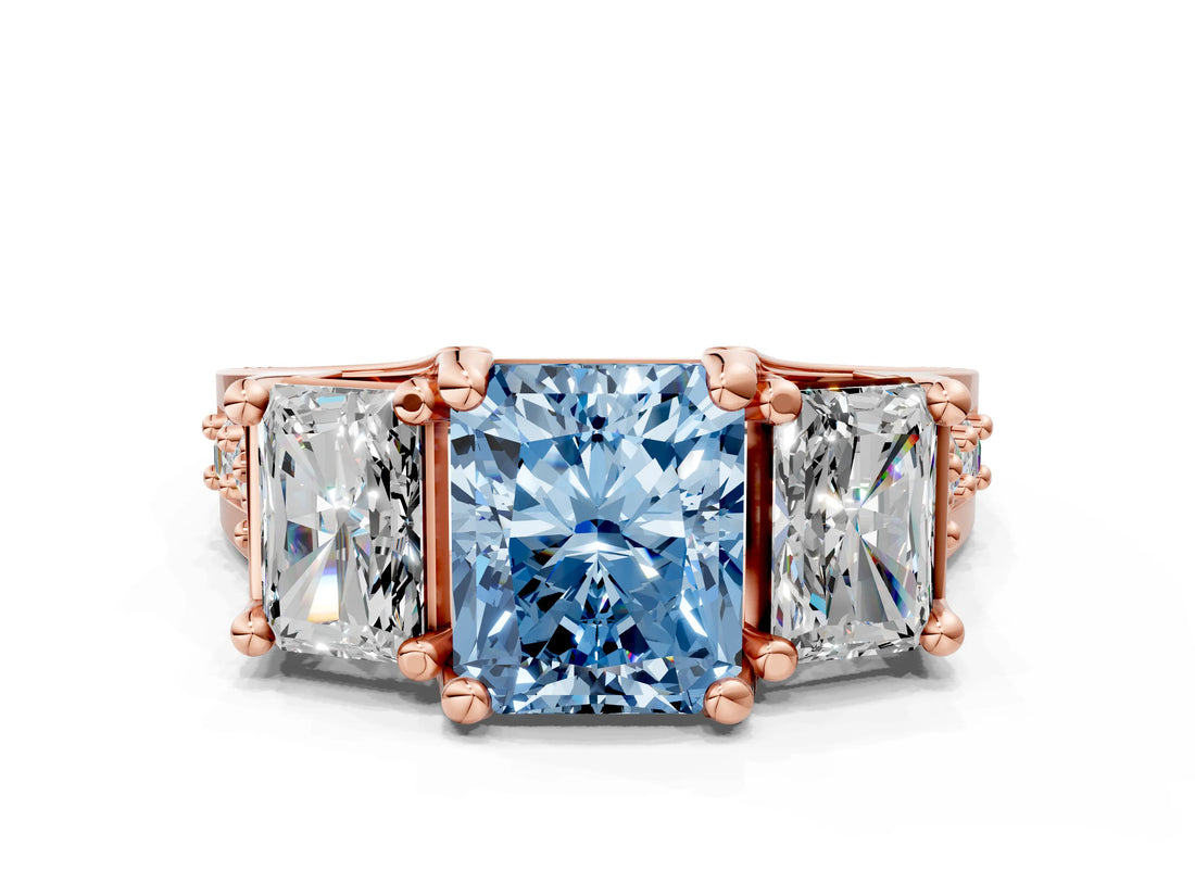 Rose gold Three-Stone Fancy Blue Radiant  Cut Diamond Ring with Channel-Set Band and Four-Prong Setting_65