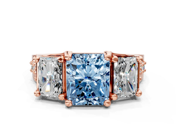 Rose Gold Radiant Cut Three Stone Pave Engagement Ring Setting for Fancy Blue Center with Near-Equal Side Stones