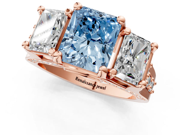 Rose Gold Radiant Cut Three Stone Pave Engagement Ring Setting for Fancy Blue Center with Near-Equal Side Stones