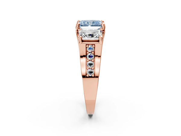 Rose Gold Radiant Cut Three Stone Pave Engagement Ring Setting for Fancy Blue Center with Near-Equal Side Stones