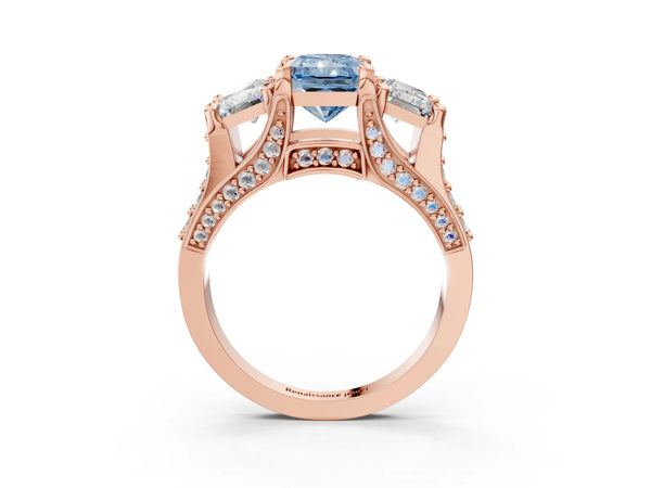 Rose Gold Radiant Cut Three Stone Pave Engagement Ring Setting for Fancy Blue Center with Near-Equal Side Stones