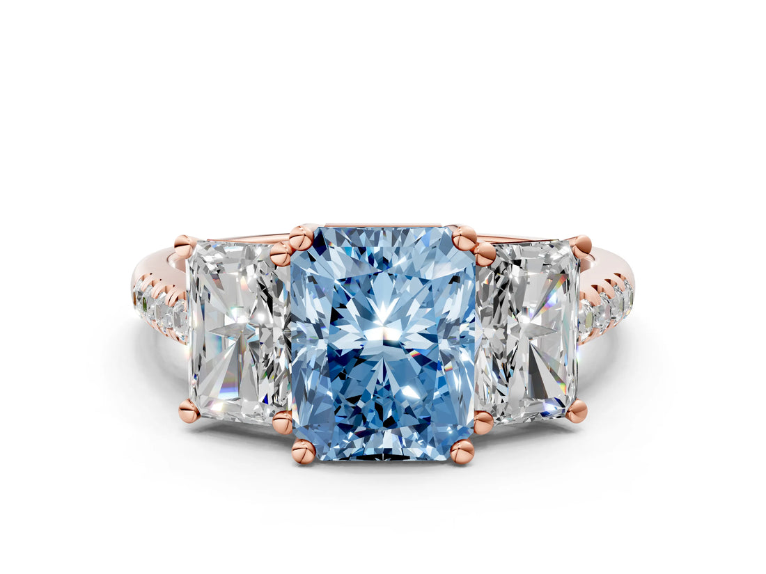 Rose gold Three-Stone Fancy Blue Radiant Cut Diamond Ring with Pavé Band and Prong Setting_87