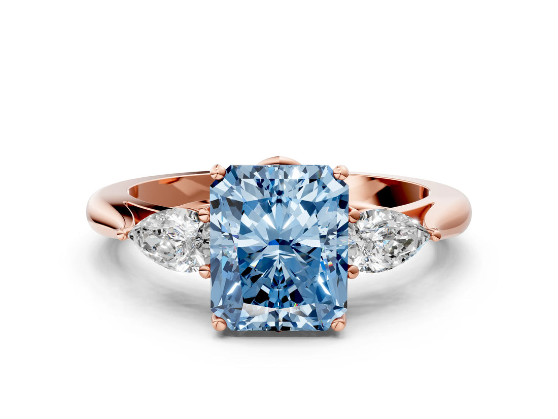 Rose gold Three-Stone Fancy Blue Radiant Cut Diamond Ring with Pear  Side Stones in Four-Prong Setting_48