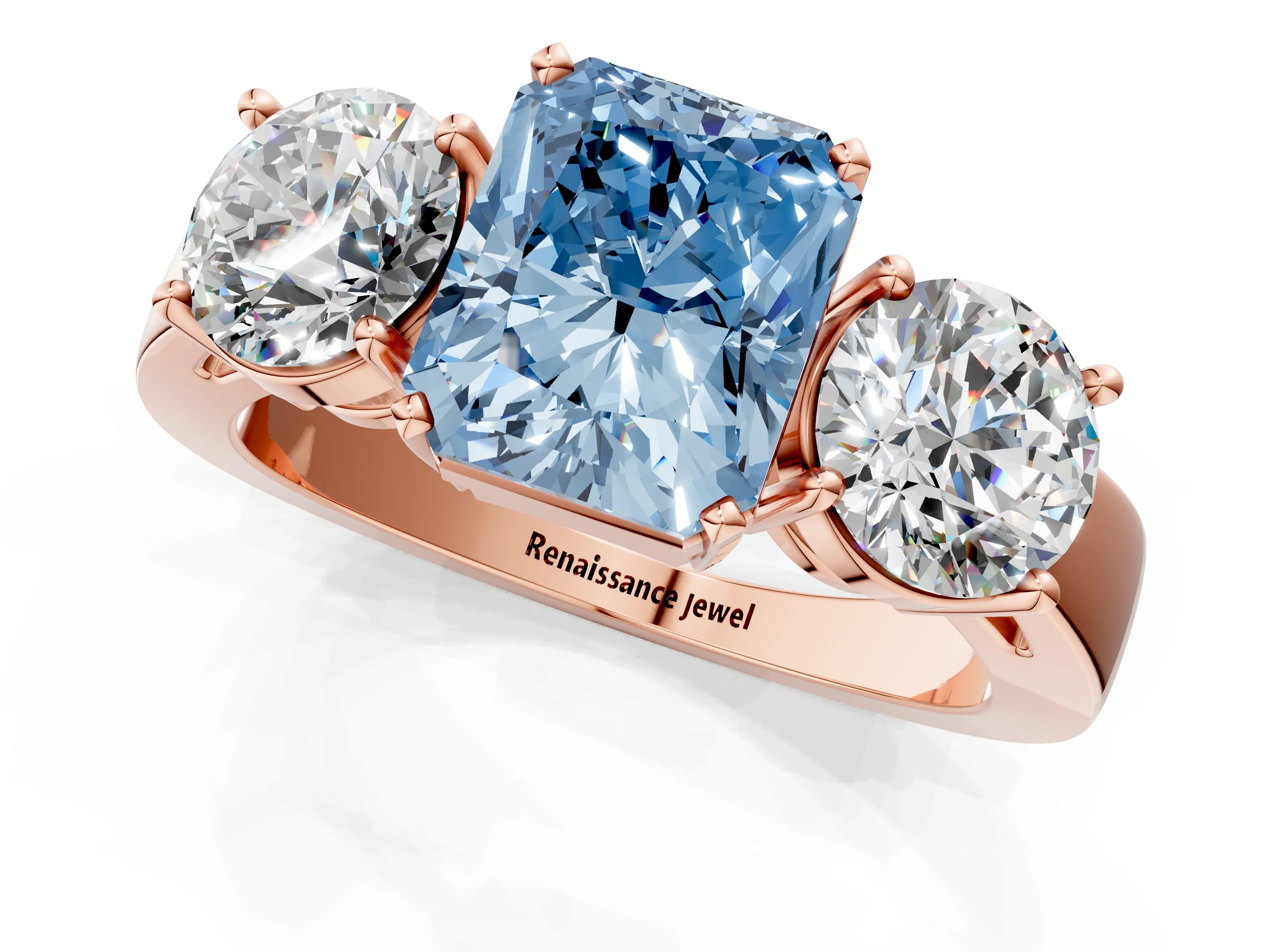 Rose gold Three-Stone Fancy Blue Radiant Cut Diamond Ring with Round Side Stones, Classic Band, and Four-Prong Setting_1