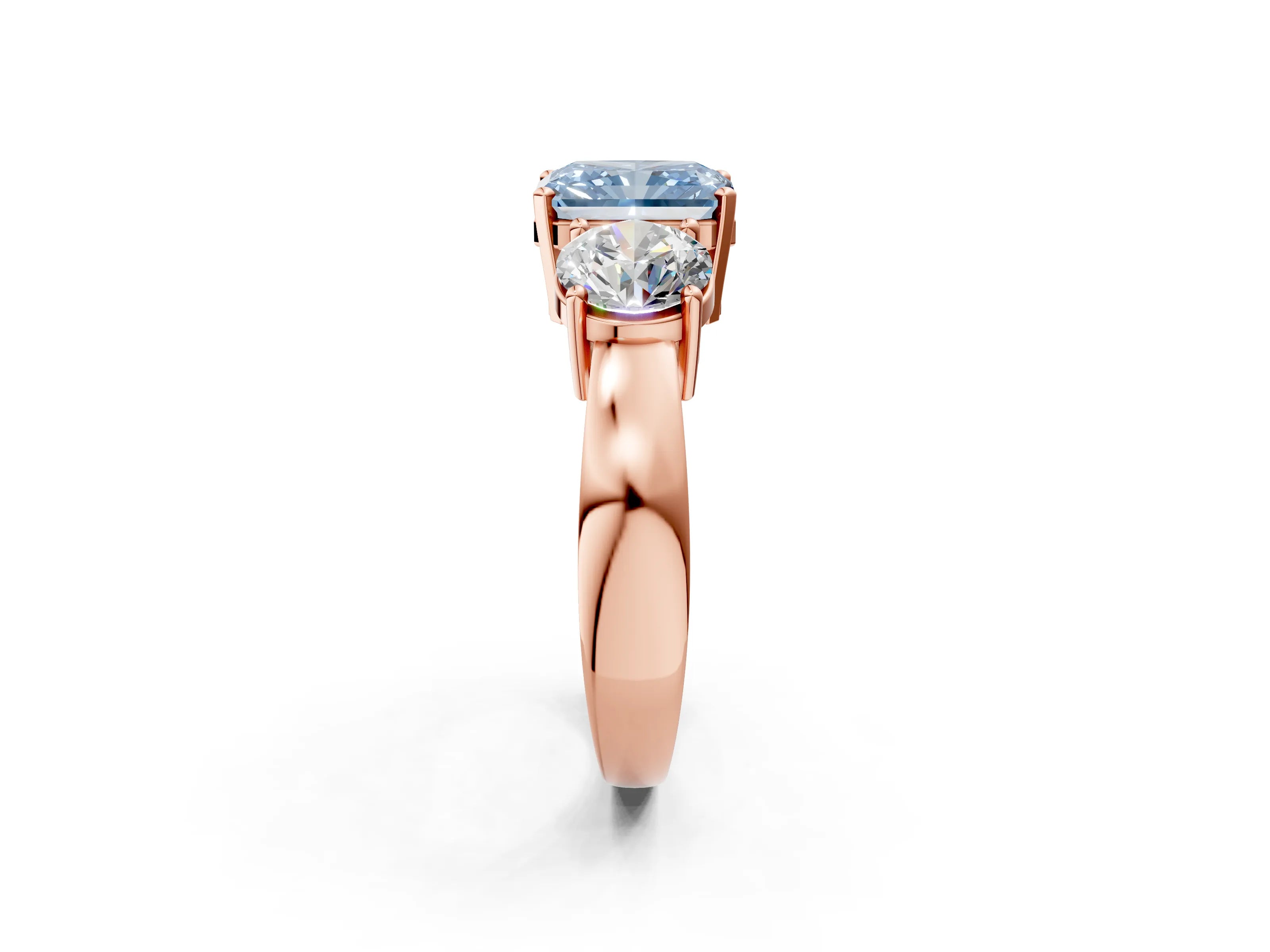 Rose gold Three-Stone Fancy Blue Radiant Cut Diamond Ring with Round Side Stones, Classic Band, and Four-Prong Setting_2