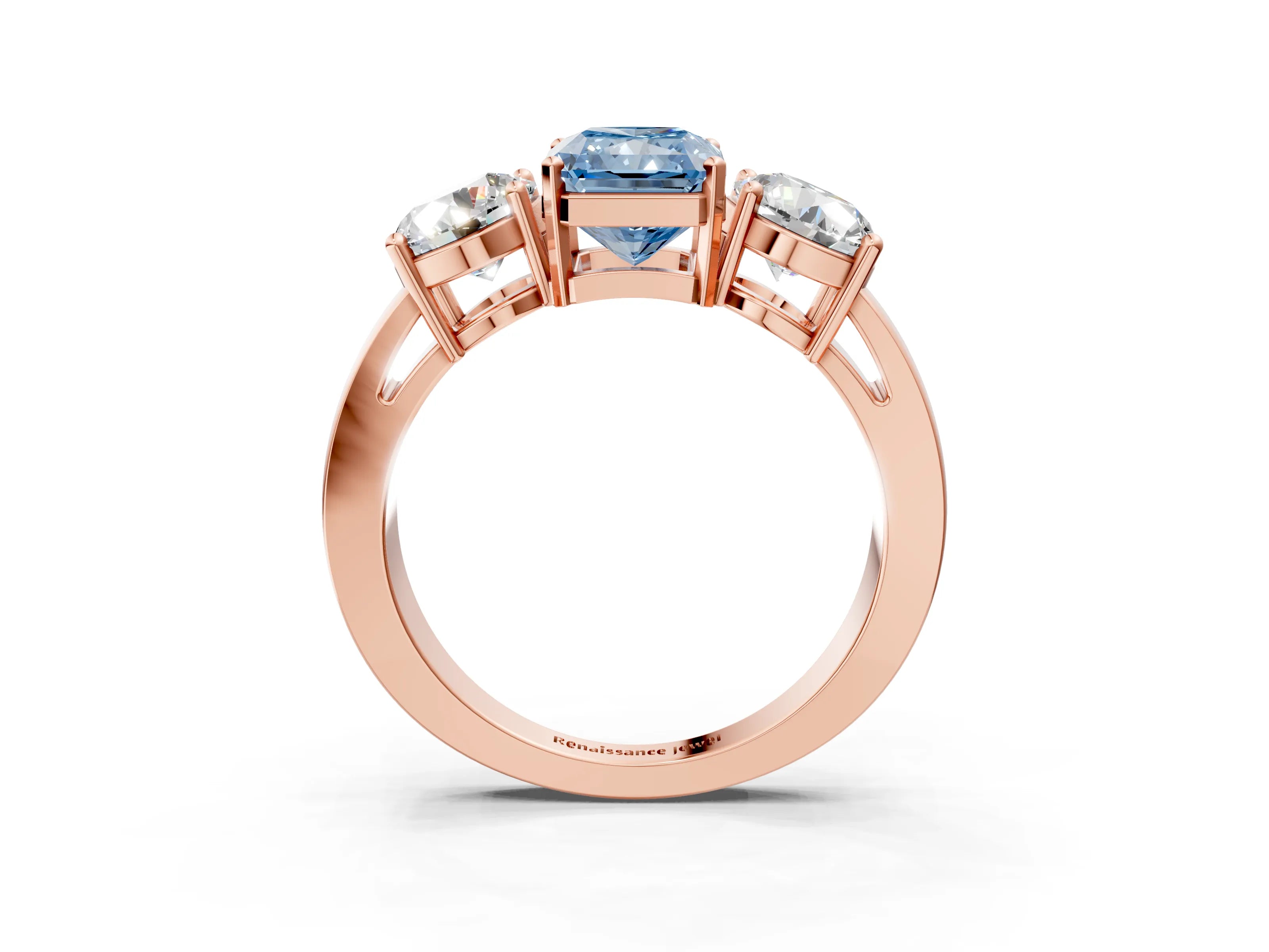 Rose gold Three-Stone Fancy Blue Radiant Cut Diamond Ring with Round Side Stones, Classic Band, and Four-Prong Setting_3