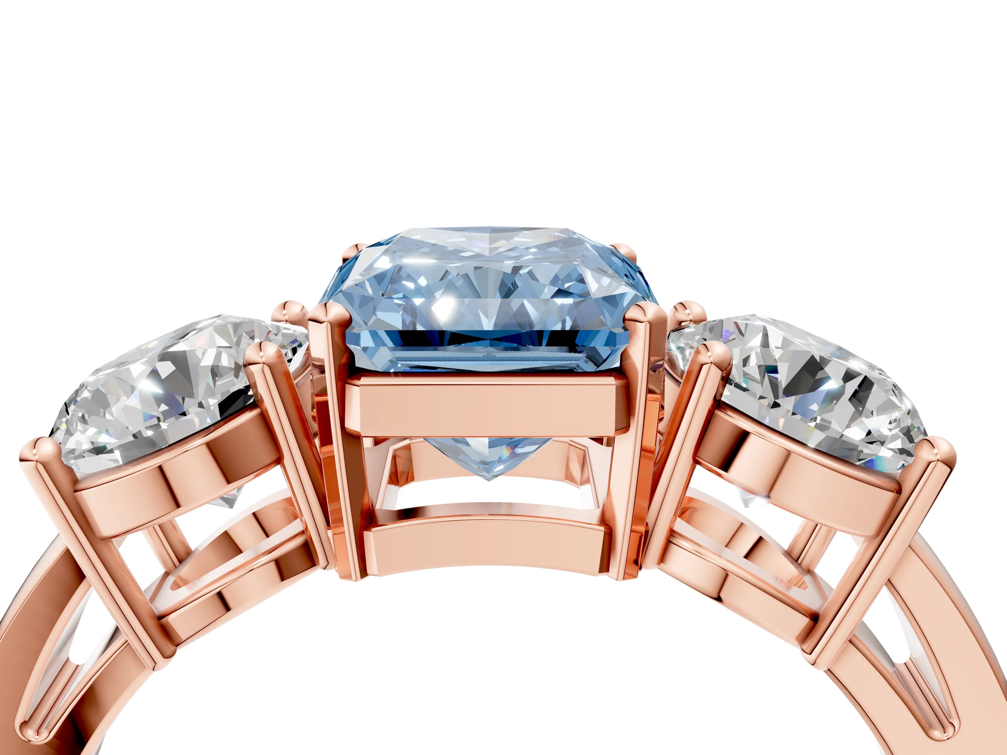 Rose gold Three-Stone Fancy Blue Radiant Cut Diamond Ring with Round Side Stones, Classic Band, and Four-Prong Setting_4