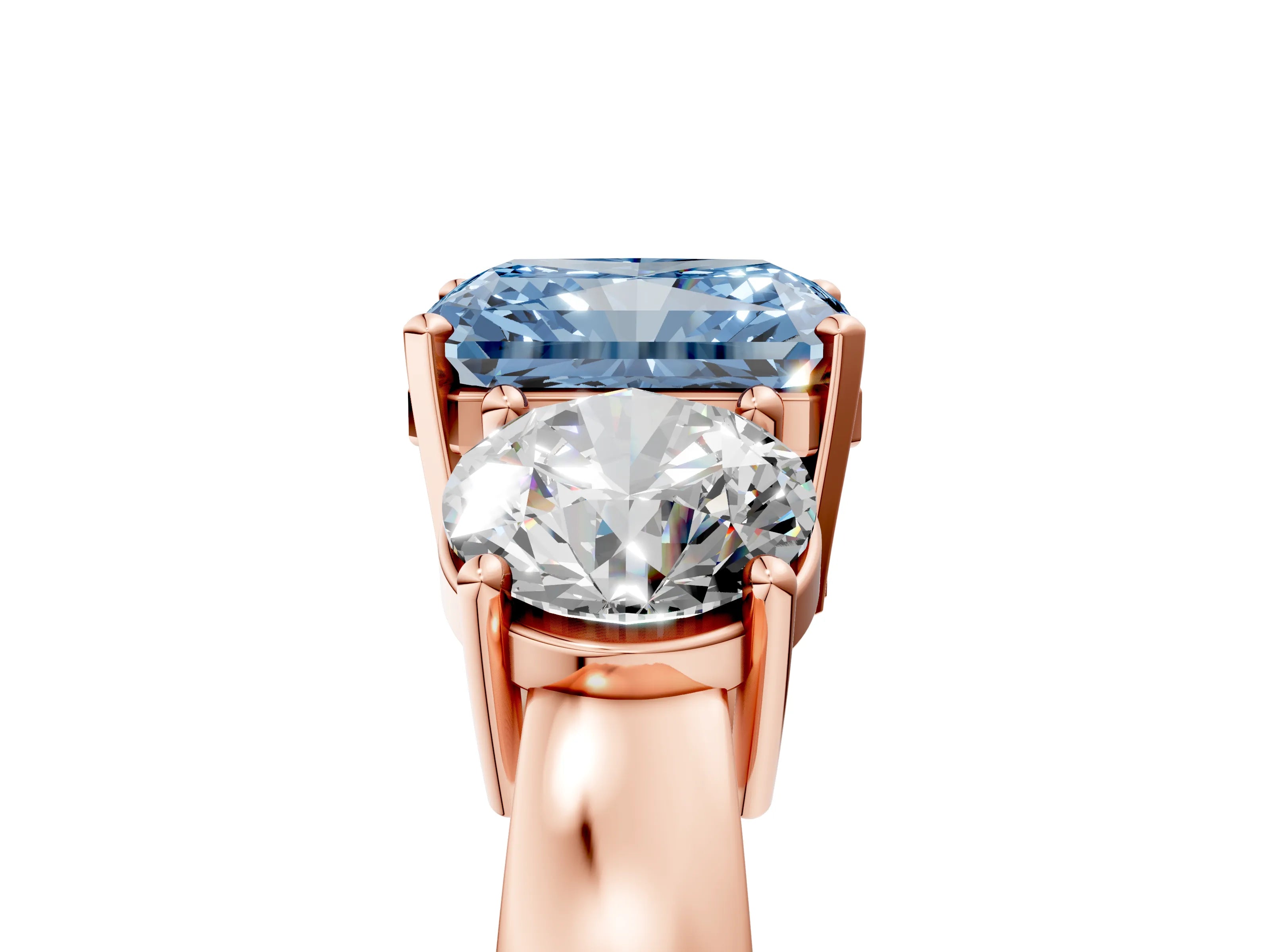 Rose gold Three-Stone Fancy Blue Radiant Cut Diamond Ring with Round Side Stones, Classic Band, and Four-Prong Setting_5