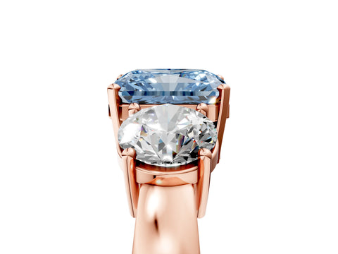 Rose gold Three-Stone Fancy Blue Radiant Cut Diamond Ring with Round Side Stones, Classic Band, and Four-Prong Setting_5