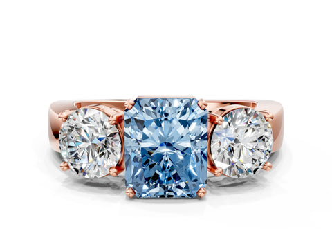 Rose gold Three-Stone Fancy Blue Radiant Cut Diamond Ring with Round Side Stones, Classic Band, and Four-Prong Setting
